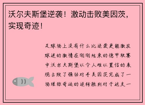 沃尔夫斯堡逆袭！激动击败美因茨，实现奇迹！